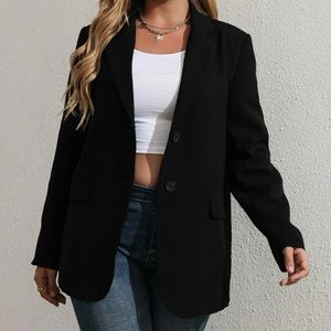 Plus Solid Flap Detail Button Front Black Blazer